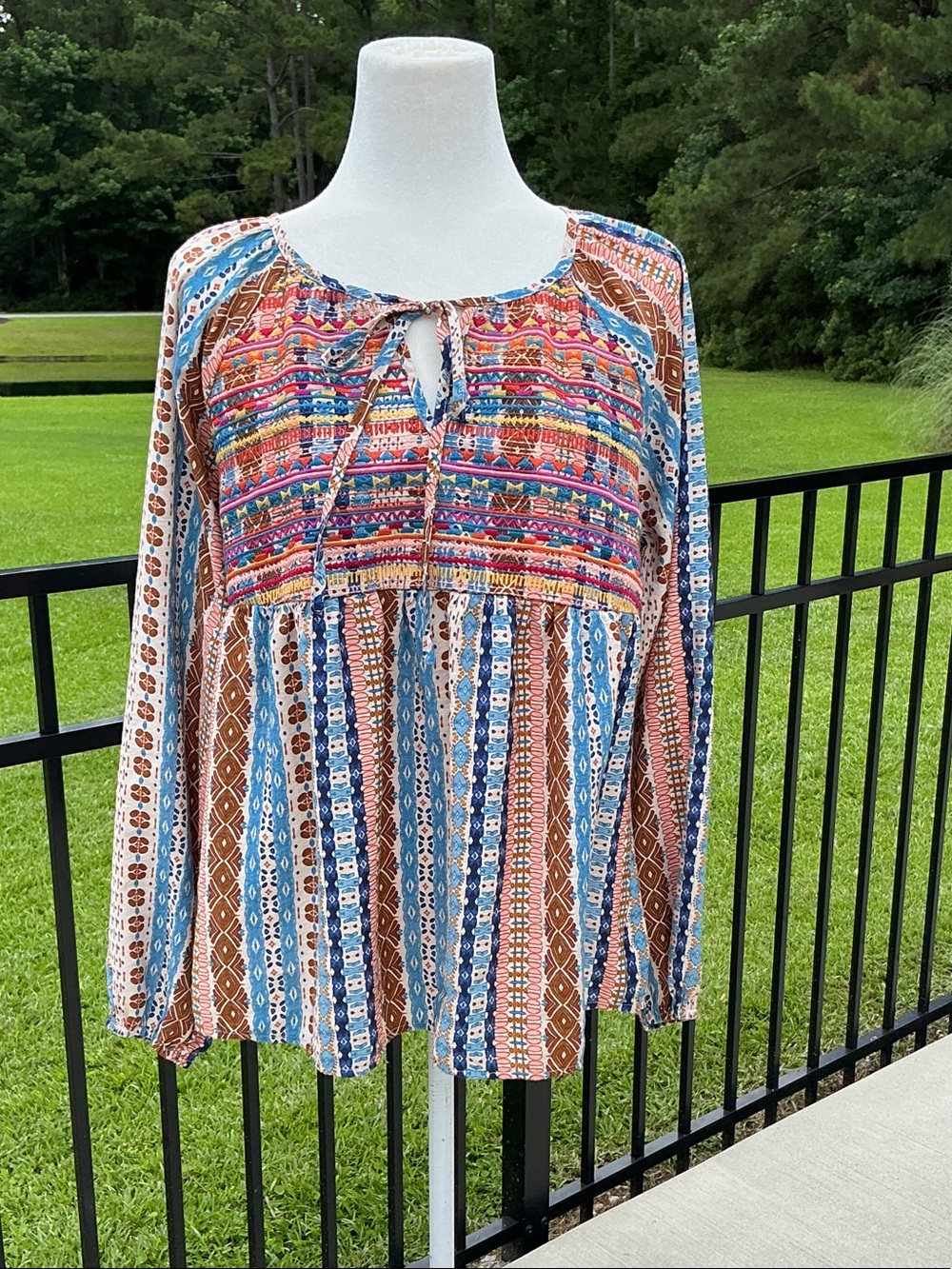 Savanna Jane Multicolor Striped Boho Peasant Top - Blue, Brown, Pink